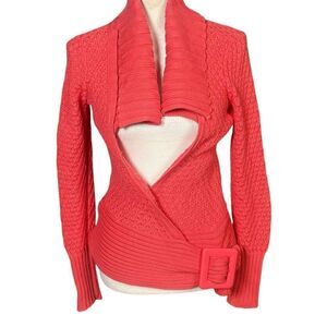Cache Sweater Size Medium Side Buckle Chunky Knit Coral Open Front Retro Sexy